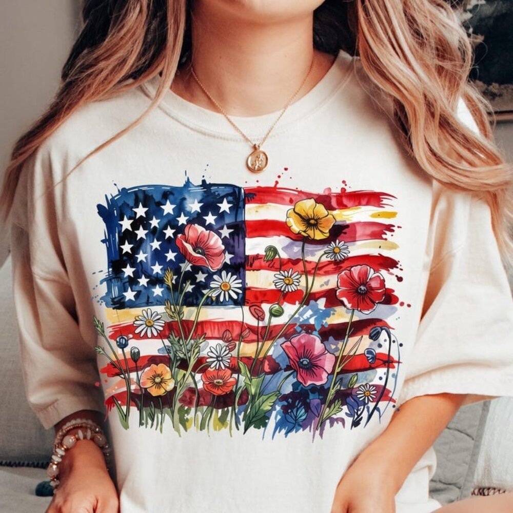 American Flag Floral Shirt, Patriotic Wildflower USA Shirt